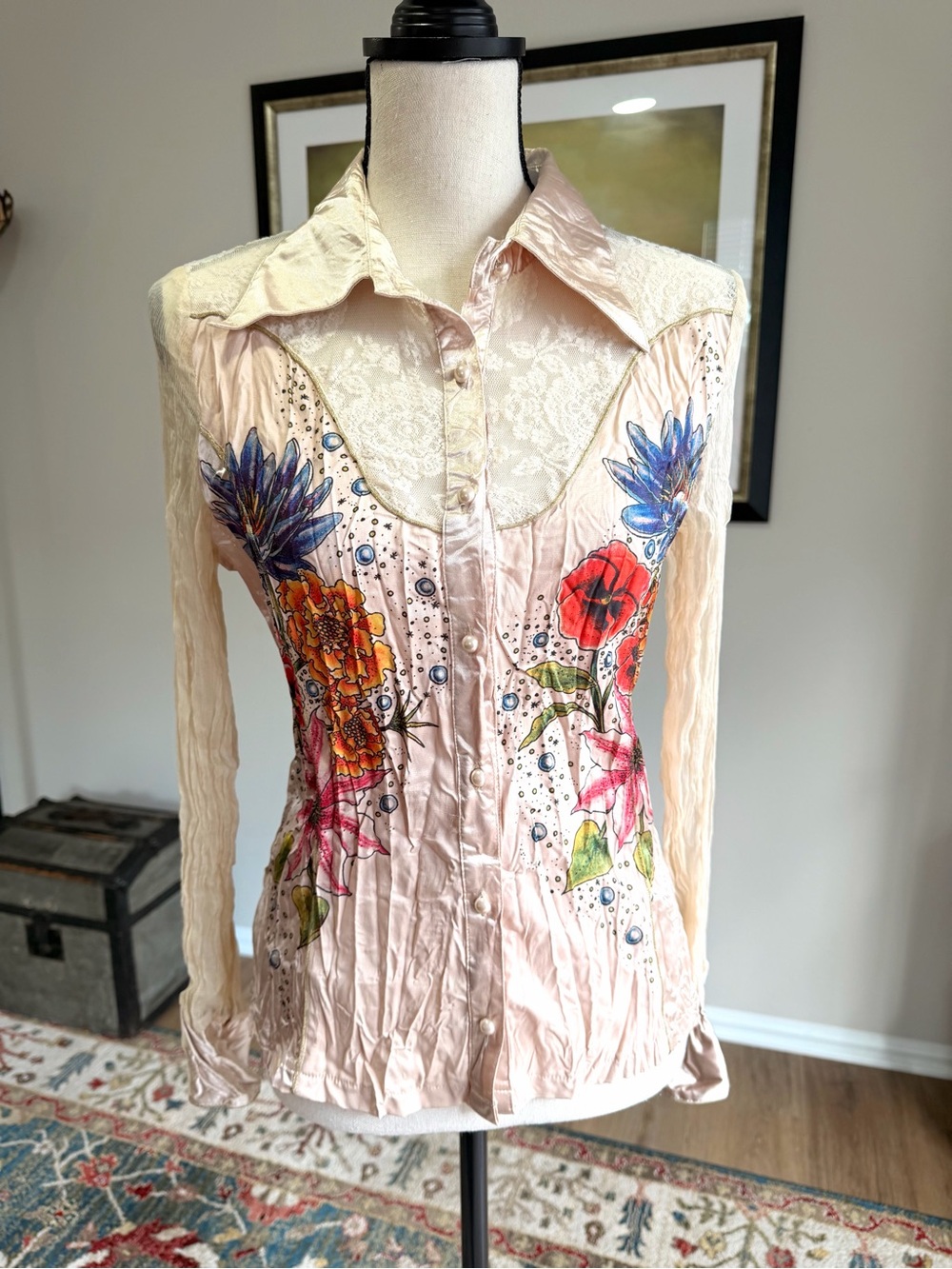 Alberto Makali Silk Blend Floral Lace Boho Button Blouse Top M - Picture 10 of 13